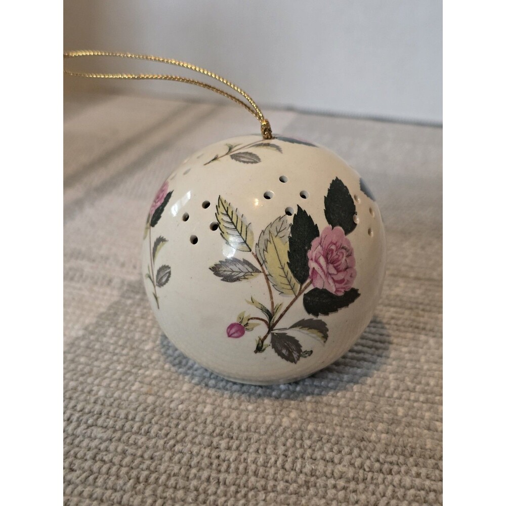 Vintage Ceramic Pomander Sachet Ball Pink Rose and Green Foral Made In Japan